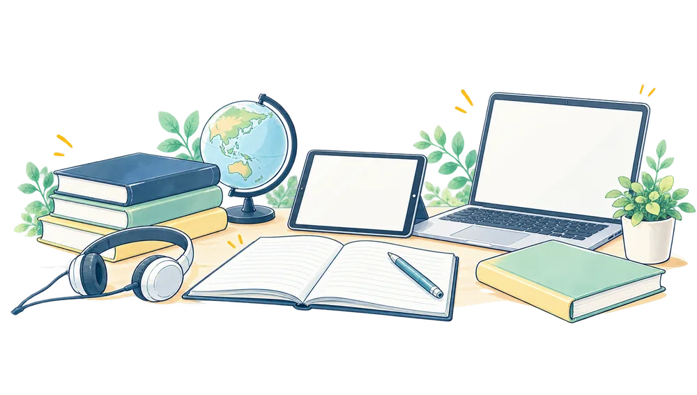 机の上の教科書・タブレット・地球儀・ノートPC・ヘッドセットのイラスト