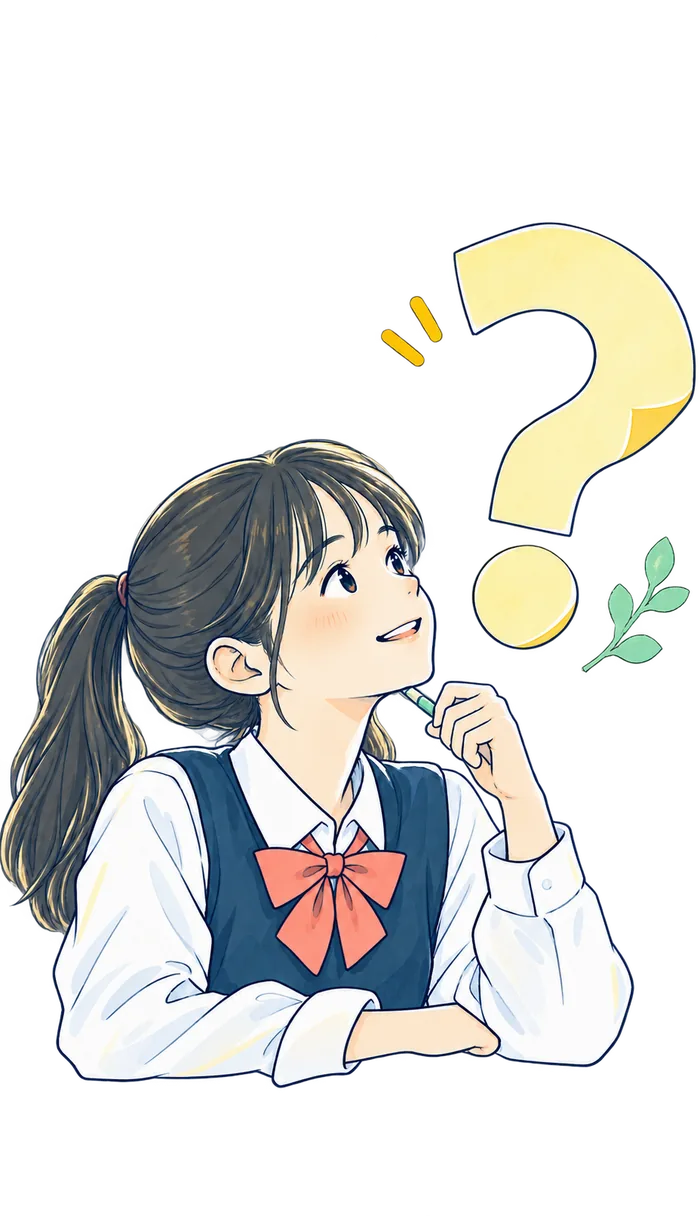 首をかしげる女子中学生と、はてなの形の付箋のイラスト