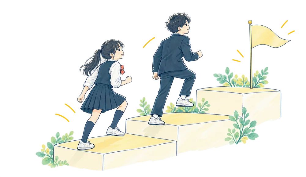 階段を1段ずつ上がる中学生のイラスト