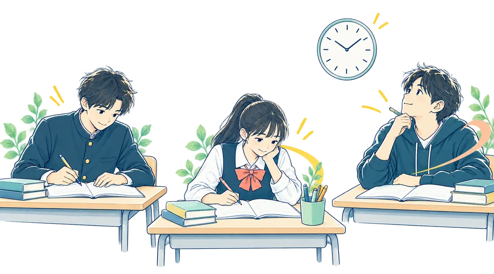 教室で3人の中学生が、間隔をあけて自習しているイラスト