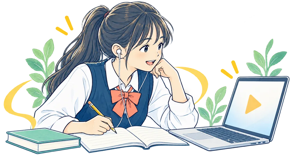 ノートPCで授業動画を見ながらメモを取る女子中学生のイラスト
