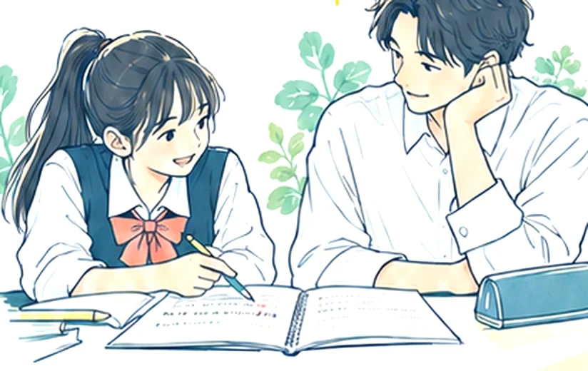 女子生徒と講師が、間違えた理由を一緒に確かめているイラスト