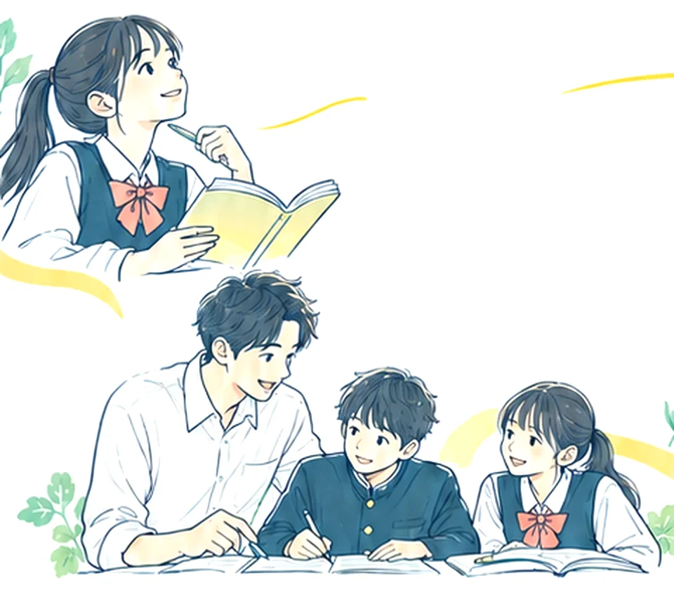 本を読む女子中学生と、講師と中学生2人が1つのテーブルで学ぶイラスト
