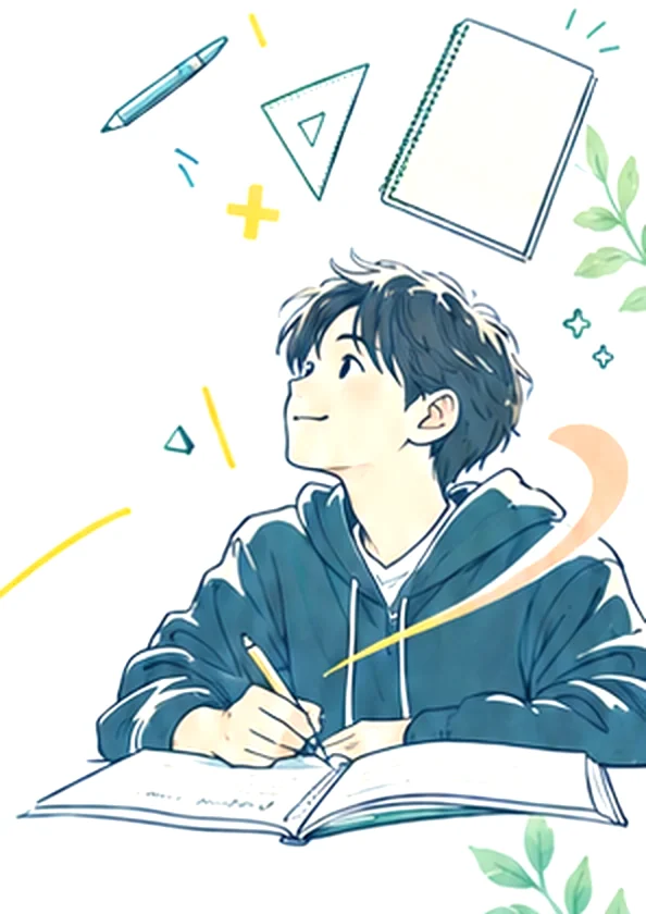 ノートを開き、前を向く男子中学生のイラスト