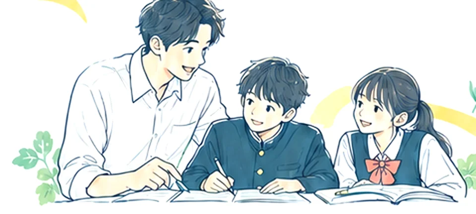 講師と中学生2人が1つのテーブルで学ぶイラスト