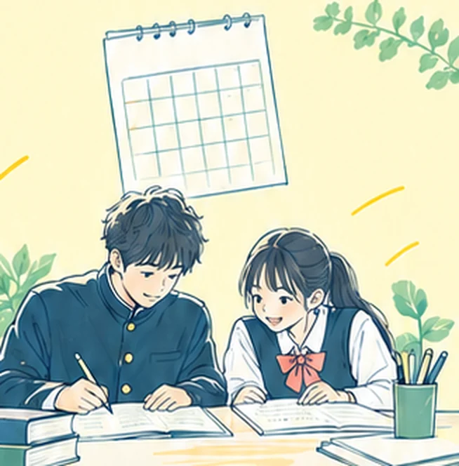 テストまでのカレンダーと、机に向かう中学生2人のイラスト